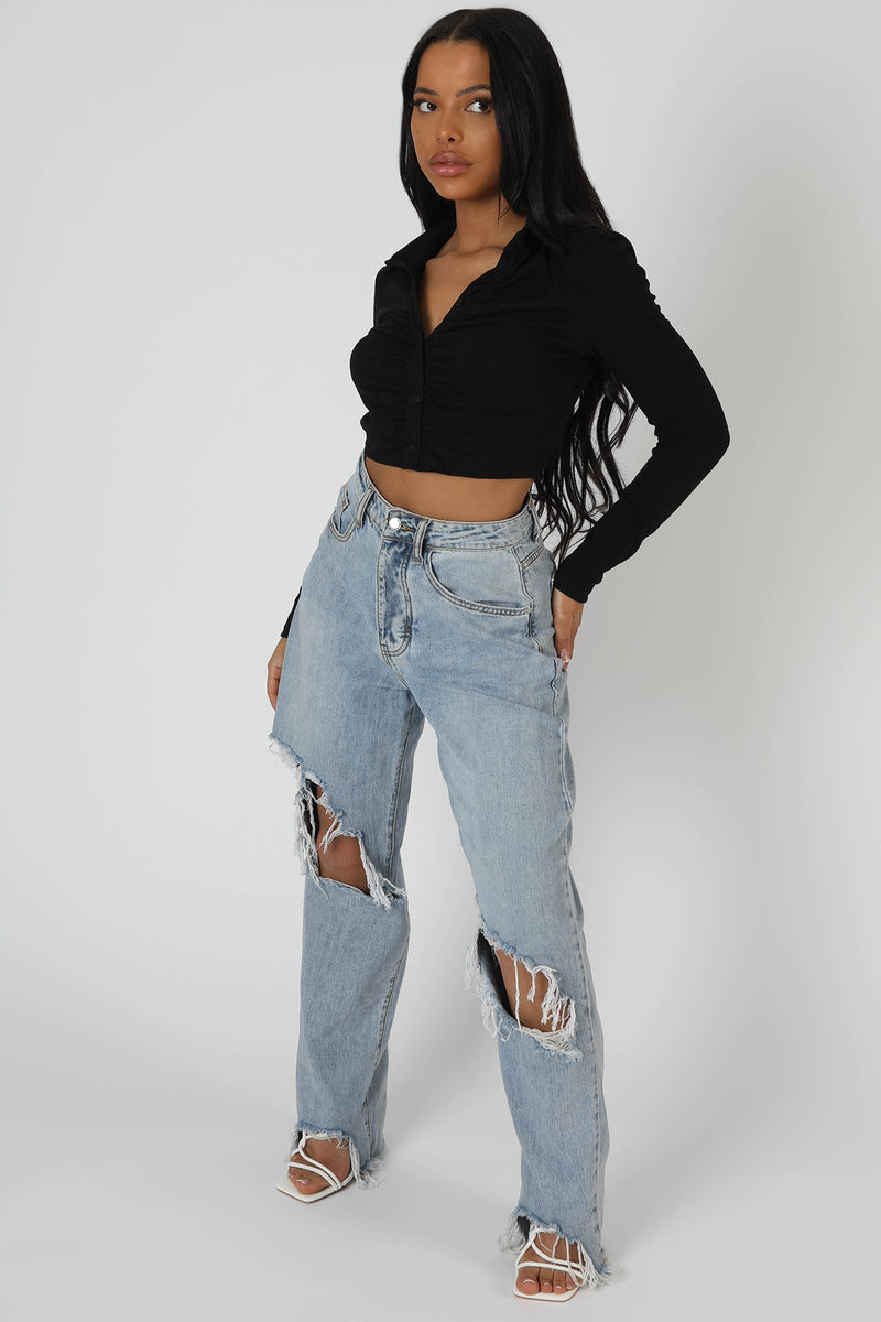 BUTTON FRONT RUCHED TOP BLACK