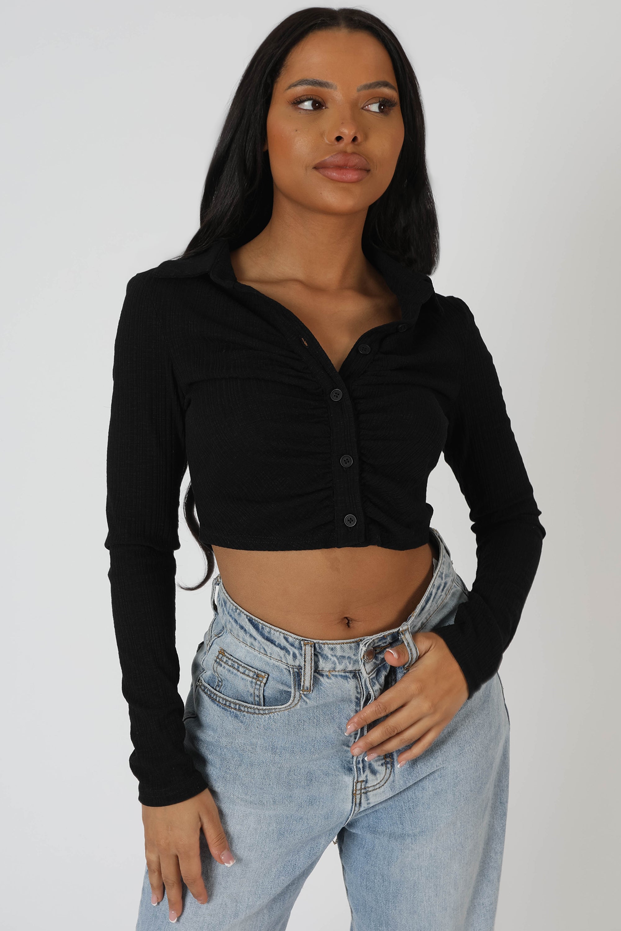BUTTON FRONT RUCHED TOP BLACK