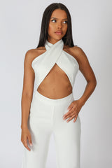 CROSS FRONT HALTER WIDE LEG JUMPSUIT WHITE