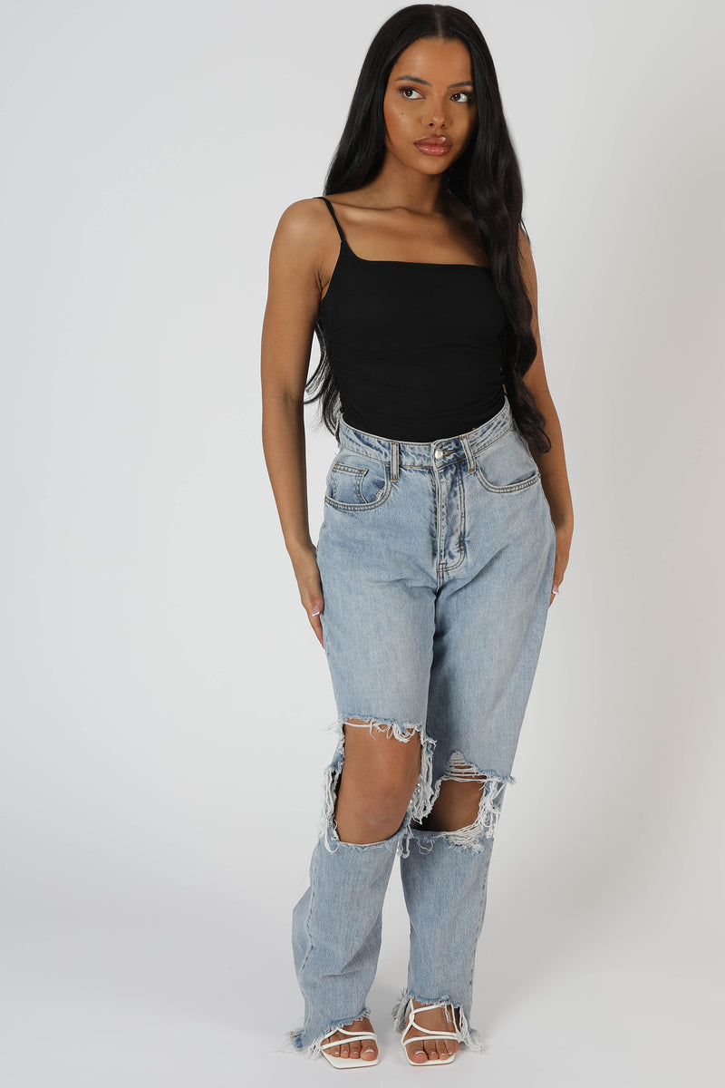 MESH RUCHED BODYSUIT BLACK