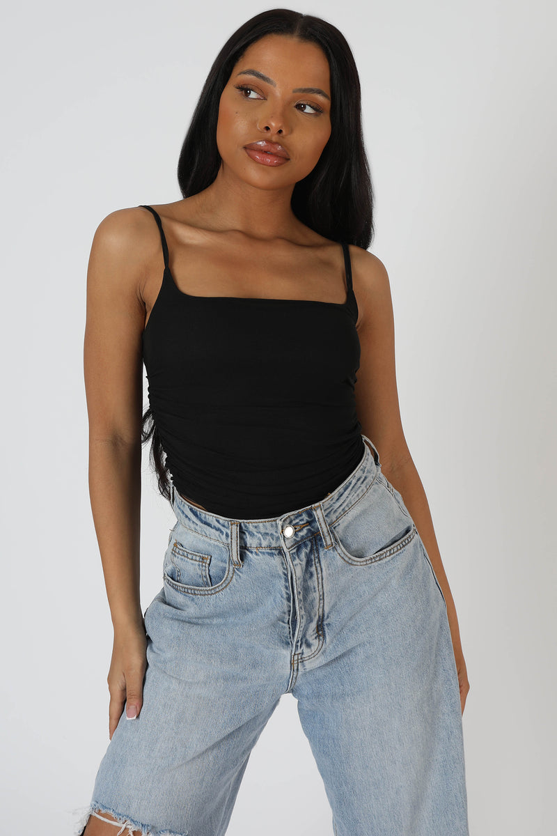 MESH RUCHED BODYSUIT BLACK