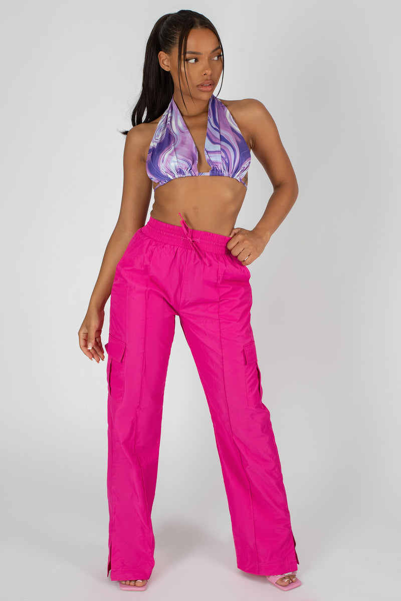 SPLIT HEM WIDE LEG CARGO POCKET TROUSER PINK