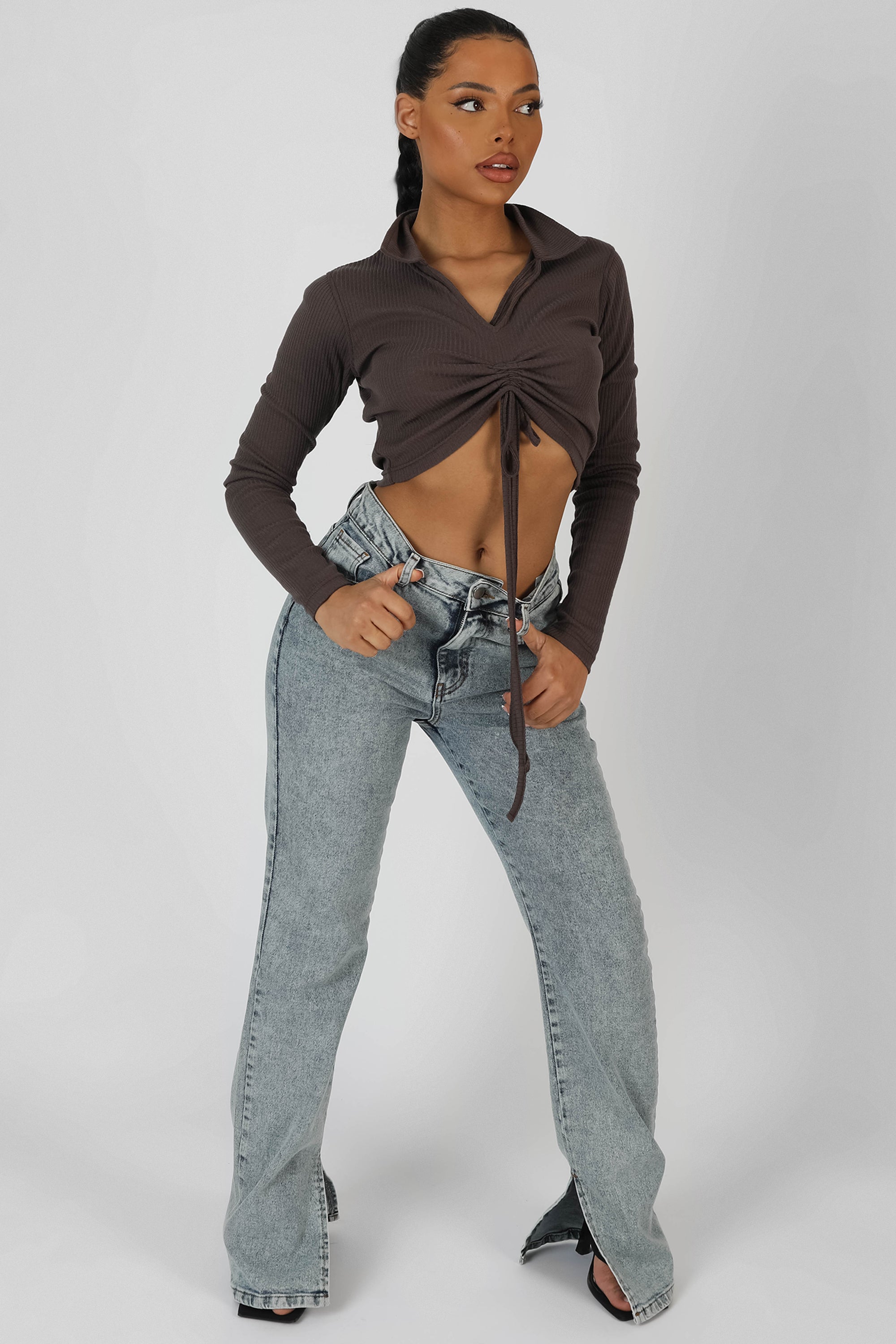 LONG SLEEVE COLLAR RUCHED TOP TAUPE