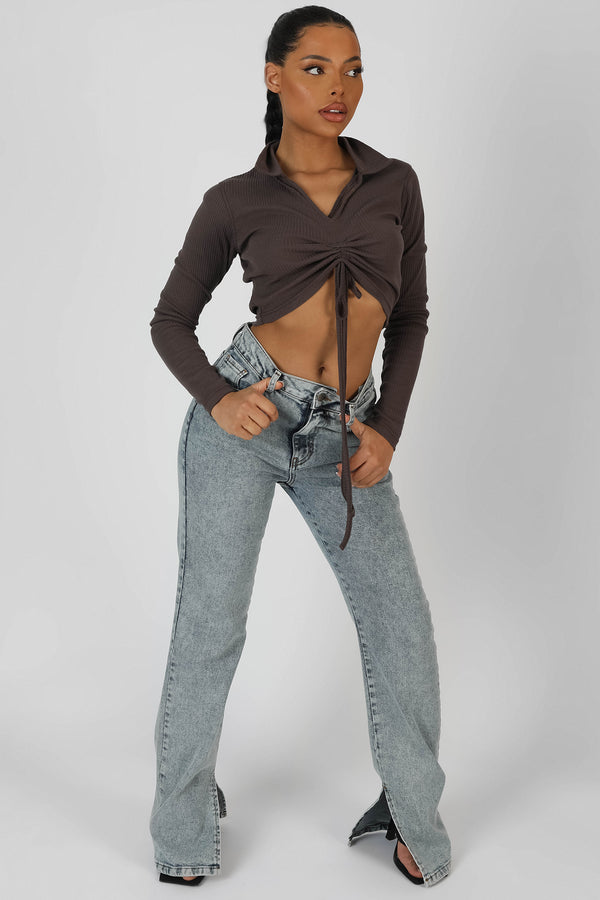 LONG SLEEVE COLLAR RUCHED TOP TAUPE