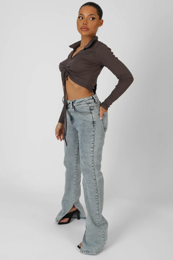 LONG SLEEVE COLLAR RUCHED TOP TAUPE
