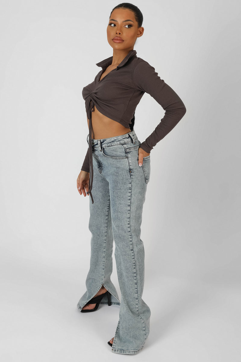 LONG SLEEVE COLLAR RUCHED TOP TAUPE