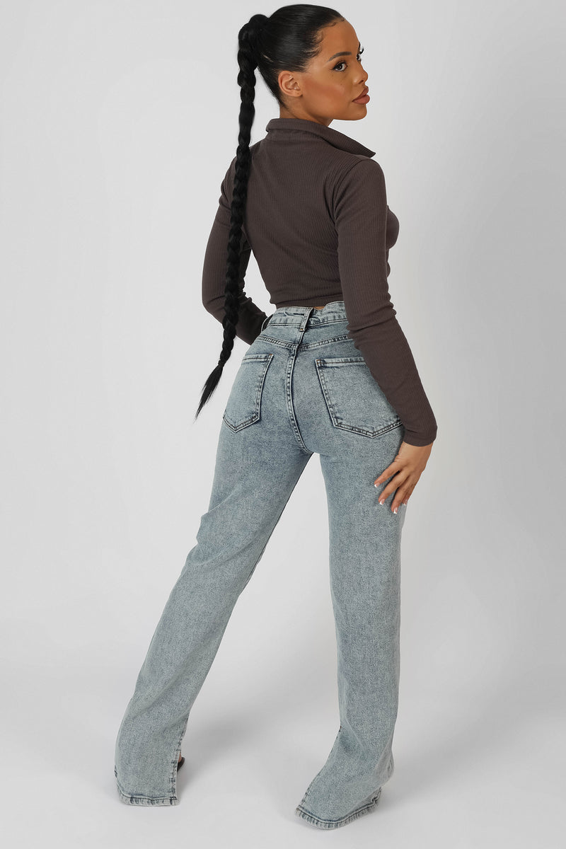 LONG SLEEVE COLLAR RUCHED TOP TAUPE