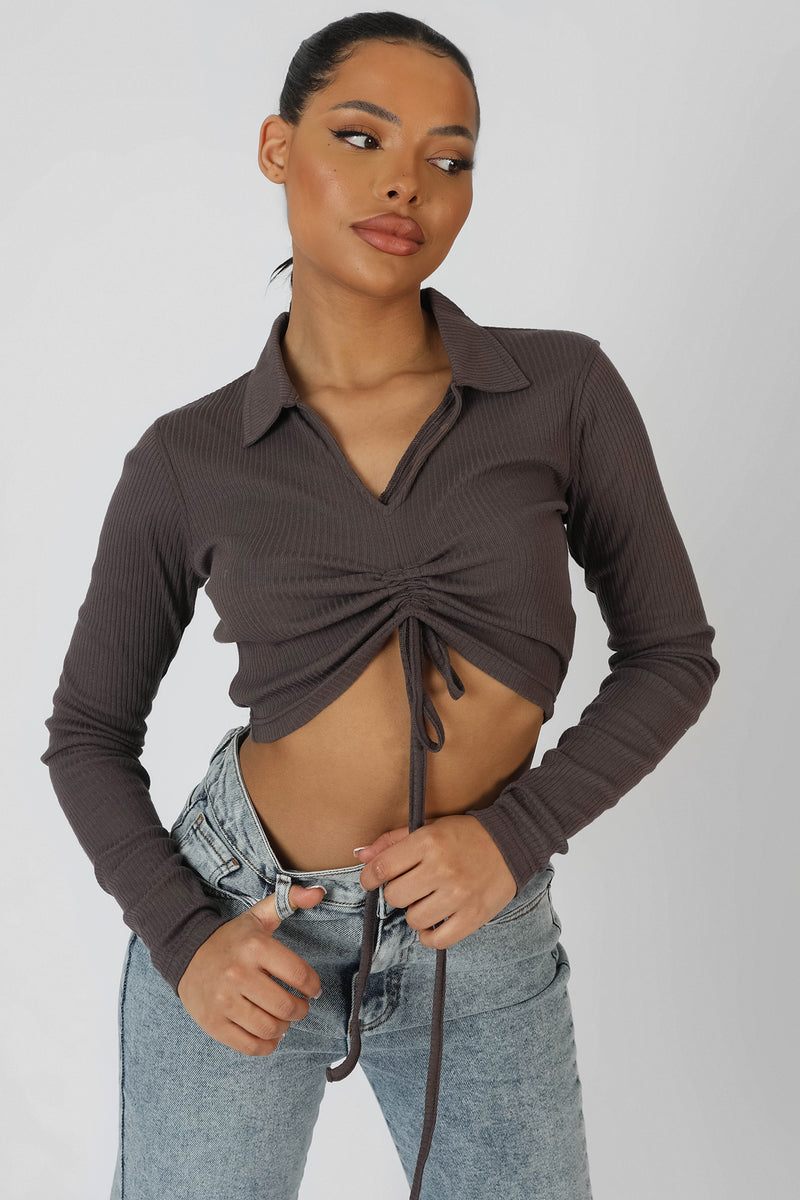LONG SLEEVE COLLAR RUCHED TOP TAUPE