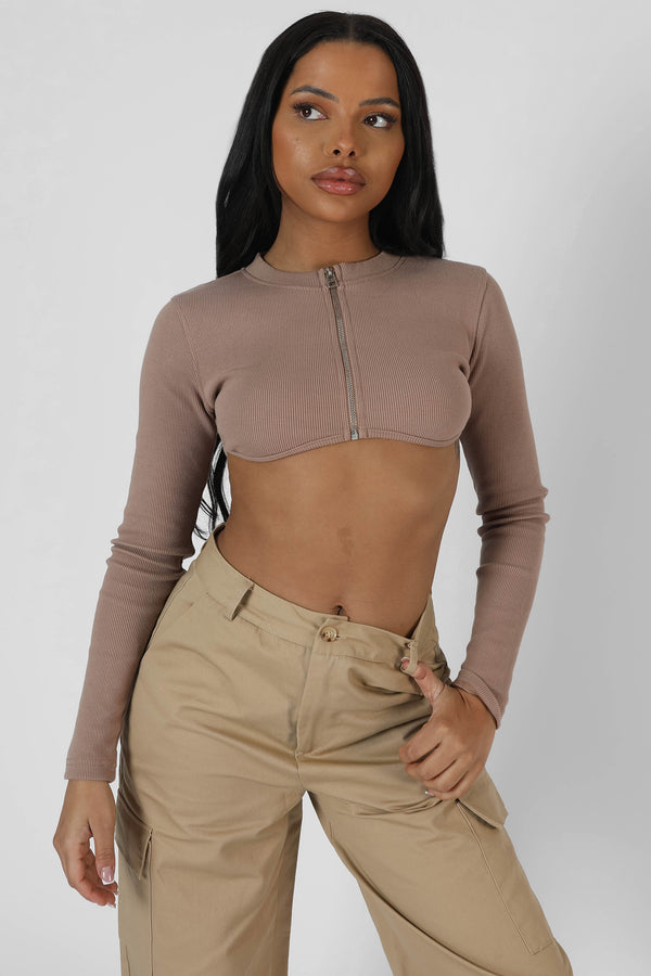 ZIP THROUGH UNDERBUST RIBBED TOP SAND