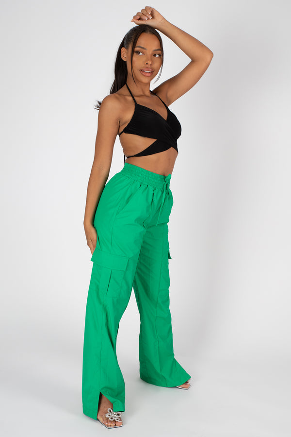 SPLIT HEM WIDE LEG CARGO POCKET TROUSER GREEN