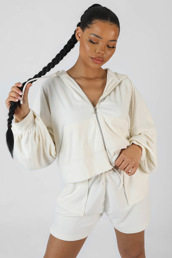 ZIP THROUGH TOWELLING HOODIE ECRU