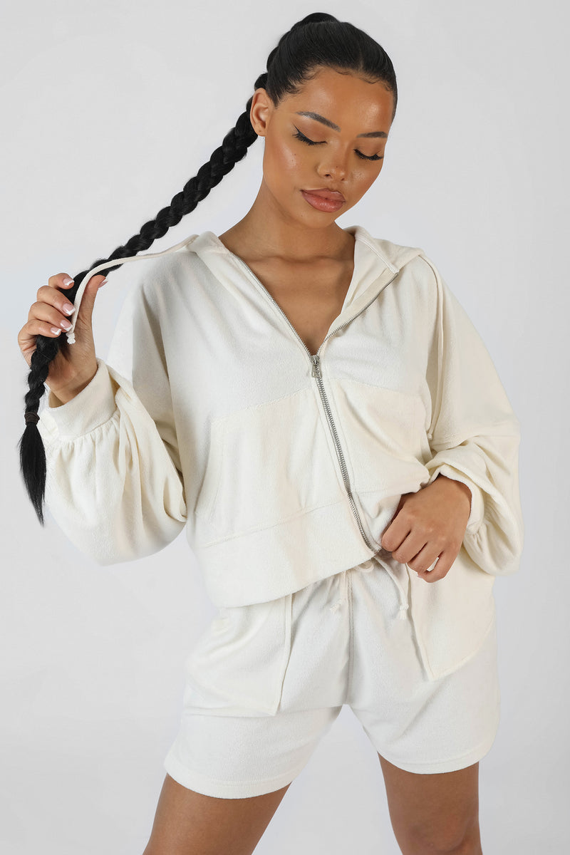ZIP THROUGH TOWELLING HOODIE ECRU