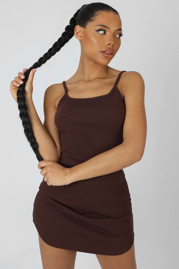 STRAPPY MINI CURVED HEM DRESS COFFEE