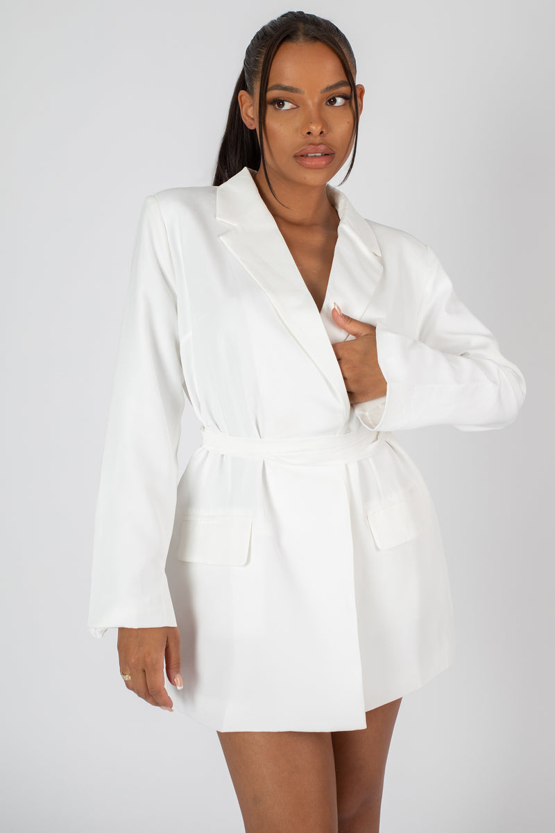 WRAP BELT BLAZER DRESS WHITE