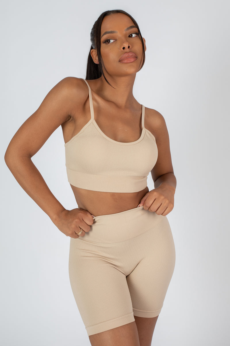 RIBBED CROP TOP AND SHORT CO-ORD SET SAND