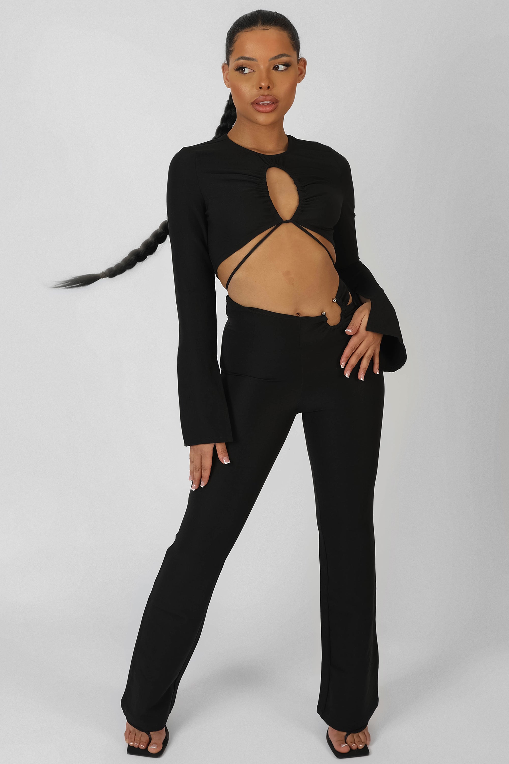 LOOP RUCHING LONG SLEEVE TOP WITH SPLITS BLACK