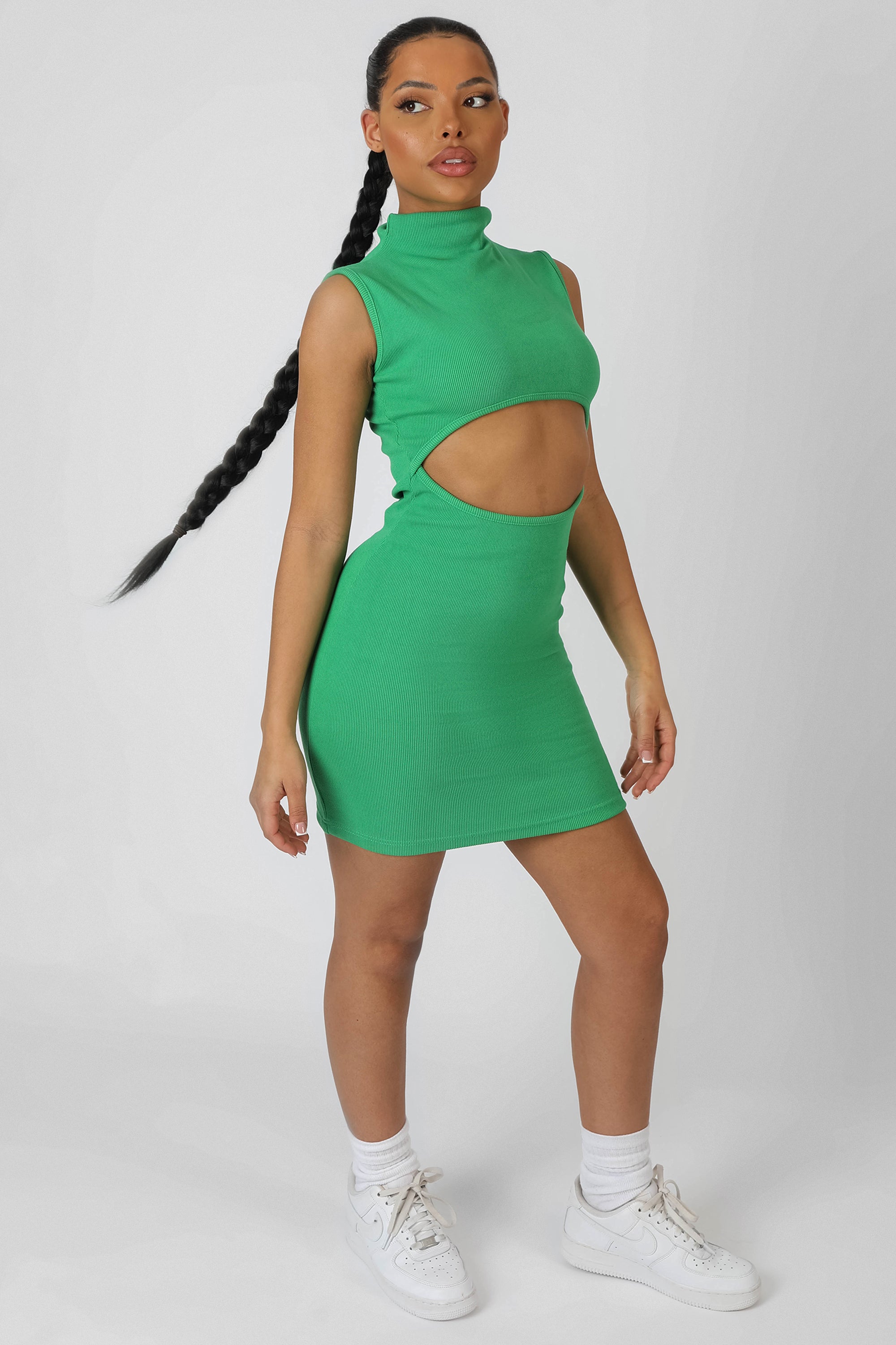 RIB CUT OUT BODYCON MINI DRESS GREEN