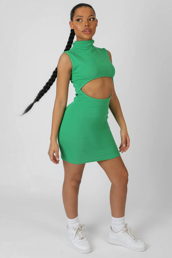 RIB CUT OUT BODYCON MINI DRESS GREEN