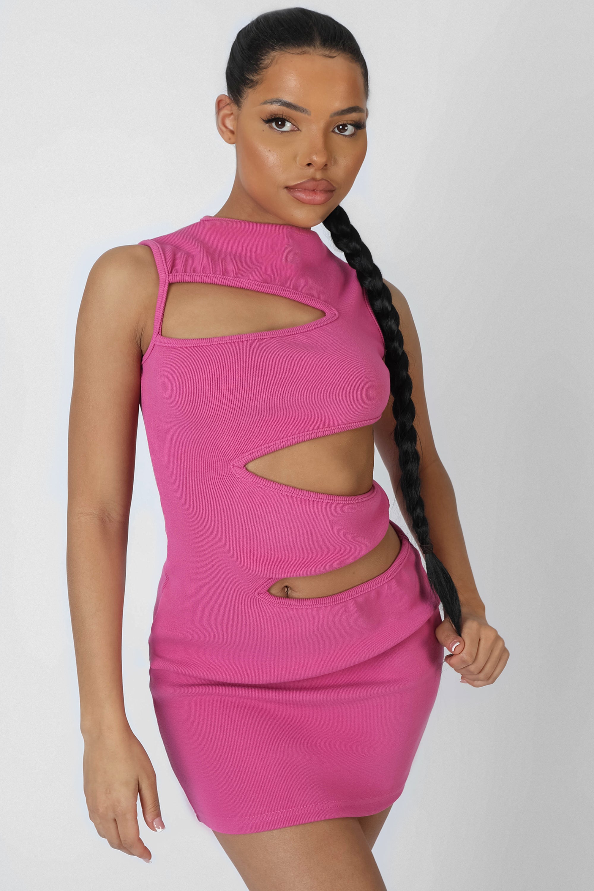 ASYMMETRIC CUT AWAY MINI DRESS MAGENTA