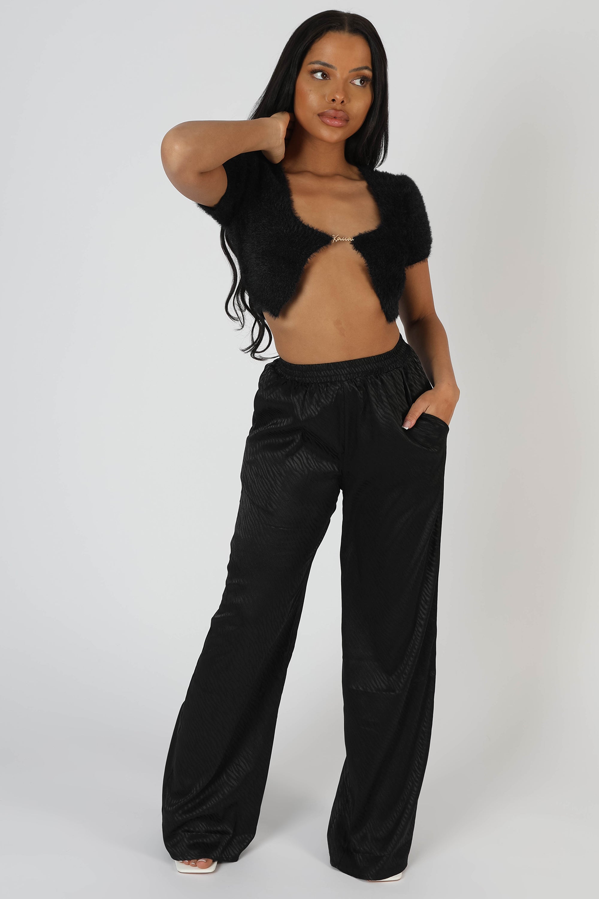 SATIN ZEBRA PRINT WIDE LEG TROUSERS BLACK