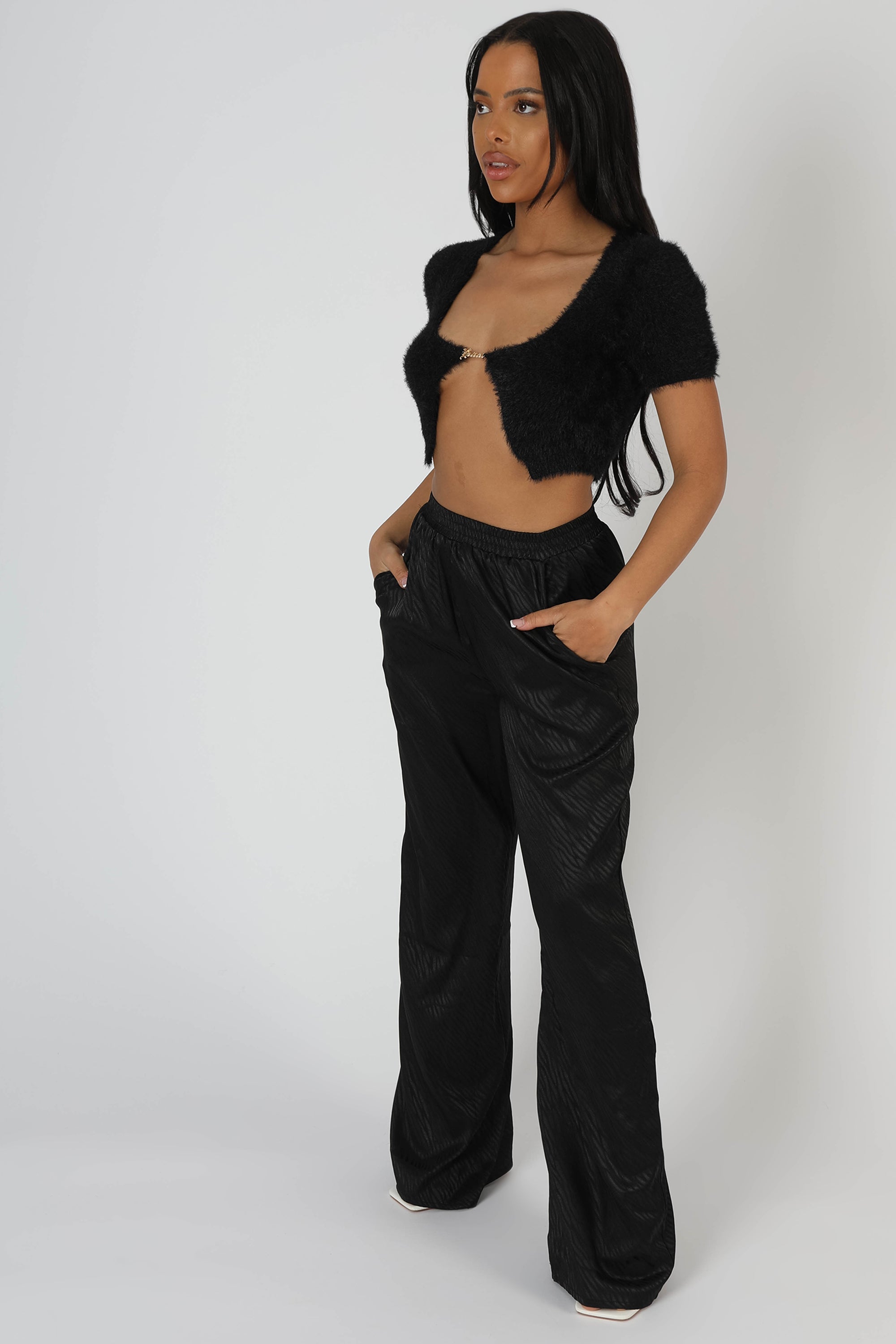 SATIN ZEBRA PRINT WIDE LEG TROUSERS BLACK