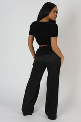 SATIN ZEBRA PRINT WIDE LEG TROUSERS BLACK