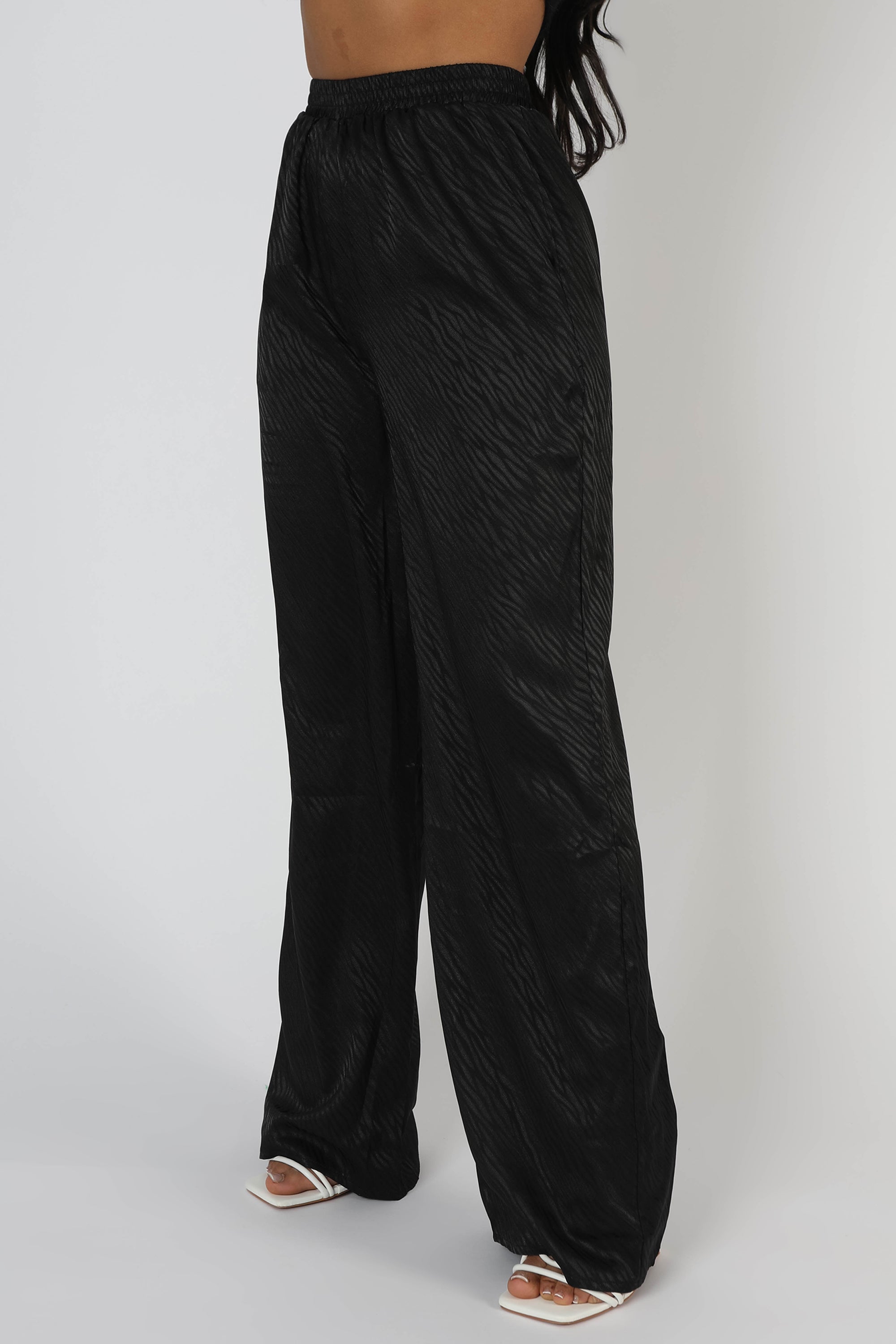 SATIN ZEBRA PRINT WIDE LEG TROUSERS BLACK