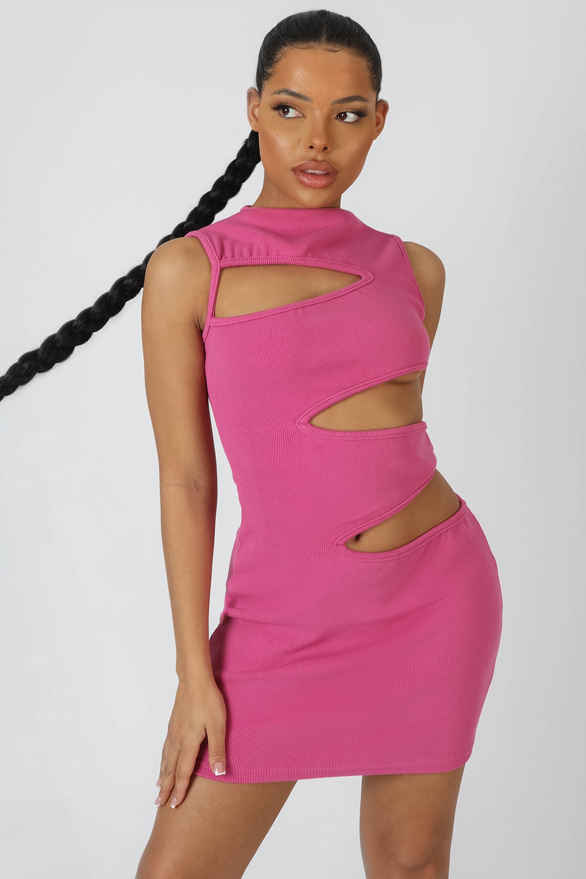 ASYMMETRIC CUT AWAY MINI DRESS MAGENTA