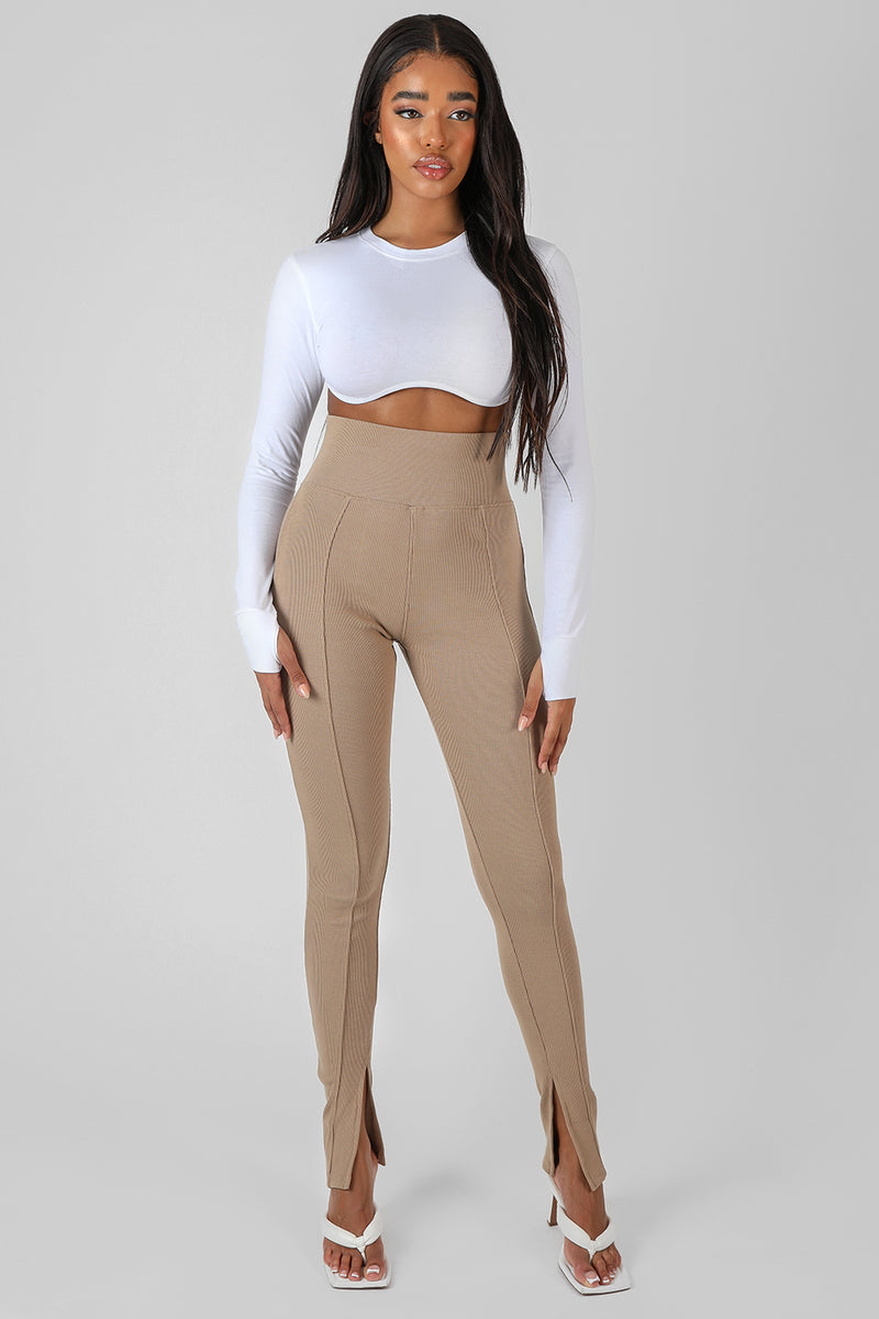 SPLIT HEM RIBBED LEGGING CAMEL