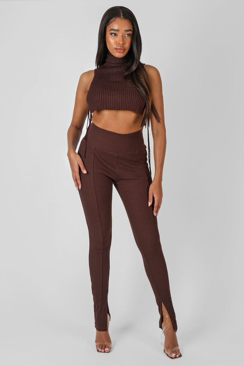 SPLIT HEM RIBBED LEGGING CHOCOLATE