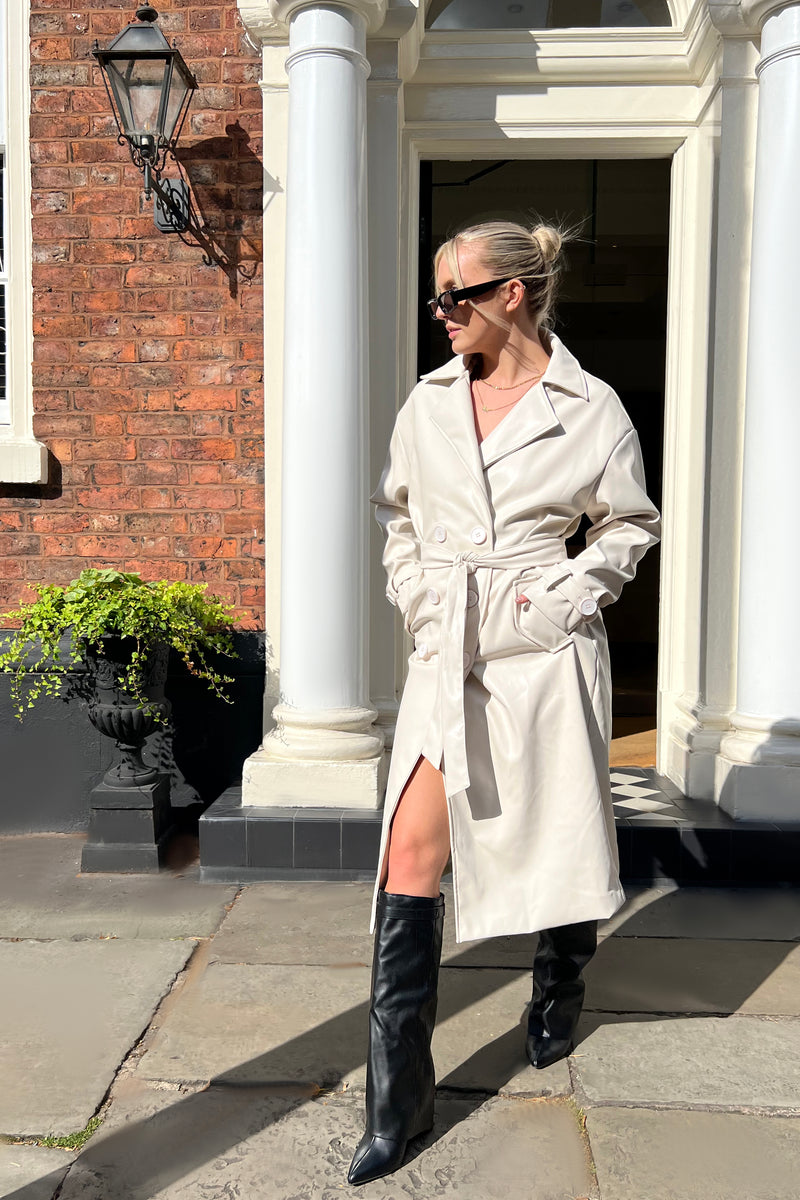 LONGLINE PU BELTED ECRU TRENCH