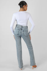 FRONT BUTTON LONG SLEEVE RIBBED BODYSUIT WHITE