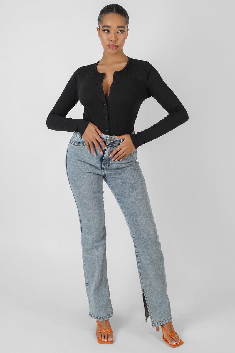 FRONT BUTTON LONG SLEEVE RIBBED BODYSUIT BLACK