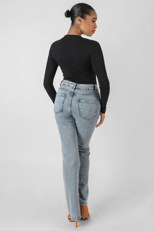FRONT BUTTON LONG SLEEVE RIBBED BODYSUIT BLACK