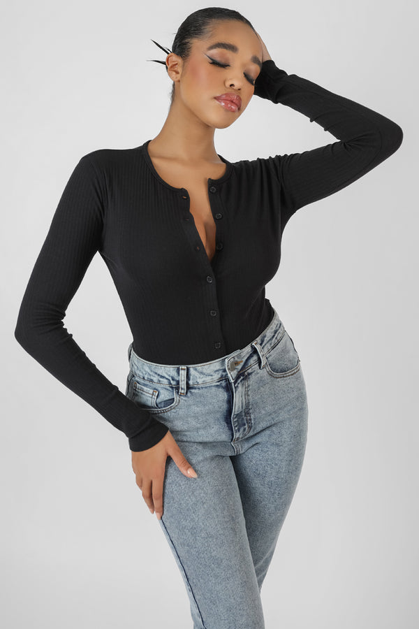 FRONT BUTTON LONG SLEEVE RIBBED BODYSUIT BLACK