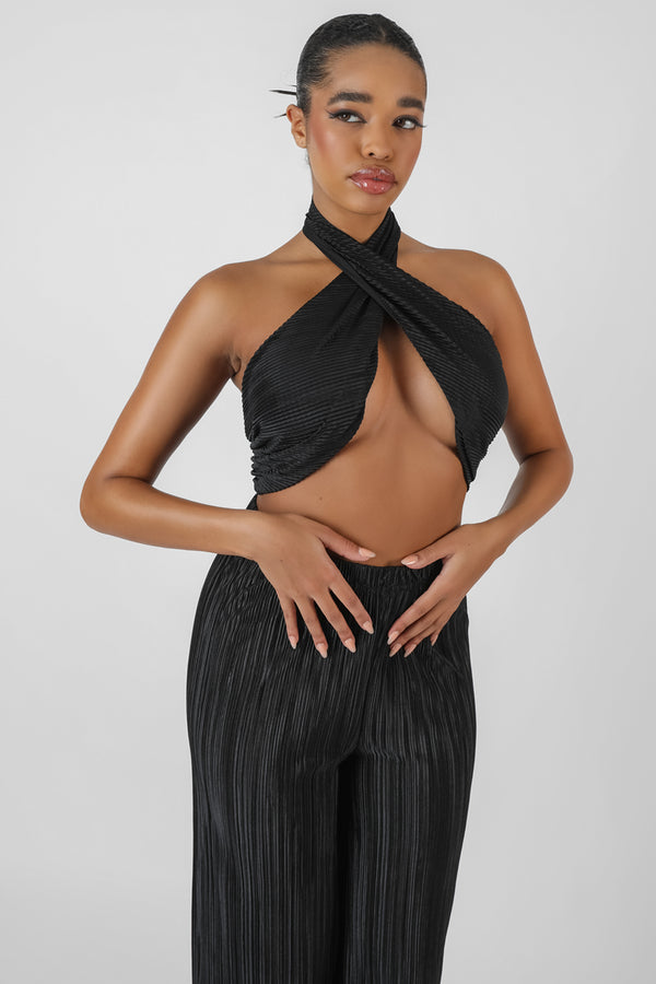 PLISSE WRAP UNDERBUST TOP BLACK