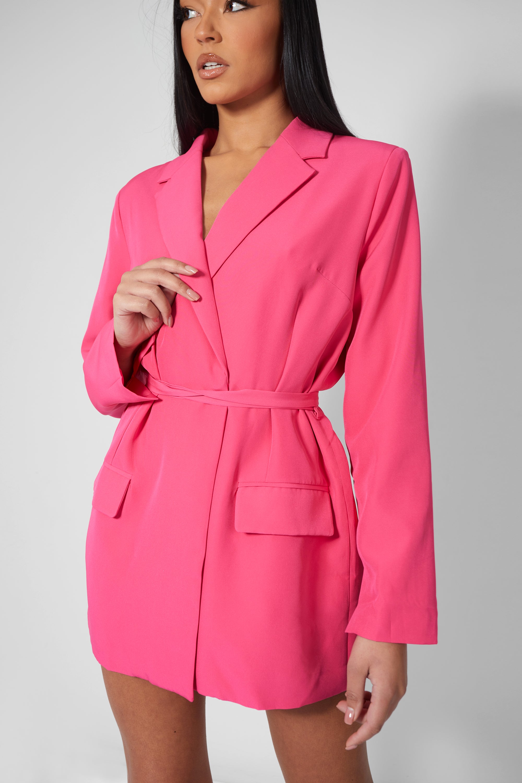 WRAP BELT BLAZER DRESS PINK