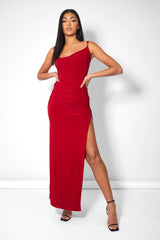 COWL NECK EXTREME SPLIT SLINKY MAXI DRESS RED