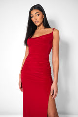 COWL NECK EXTREME SPLIT SLINKY MAXI DRESS RED