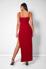 COWL NECK EXTREME SPLIT SLINKY MAXI DRESS RED