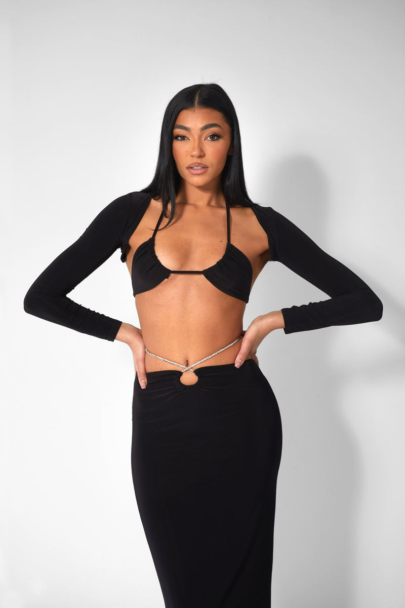 BIKINI TOP AND SHRUG SLINKY TOP BLACK