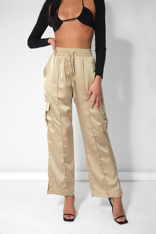 Split Hem Satin Elasticated Waist Wide Leg Cargo Trousers Champagne