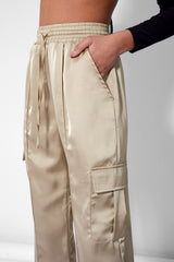 Split Hem Satin Elasticated Waist Wide Leg Cargo Trousers Champagne