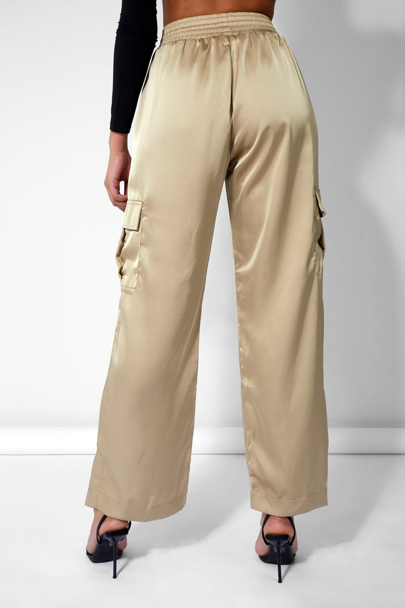 Split Hem Satin Elasticated Waist Wide Leg Cargo Trousers Champagne