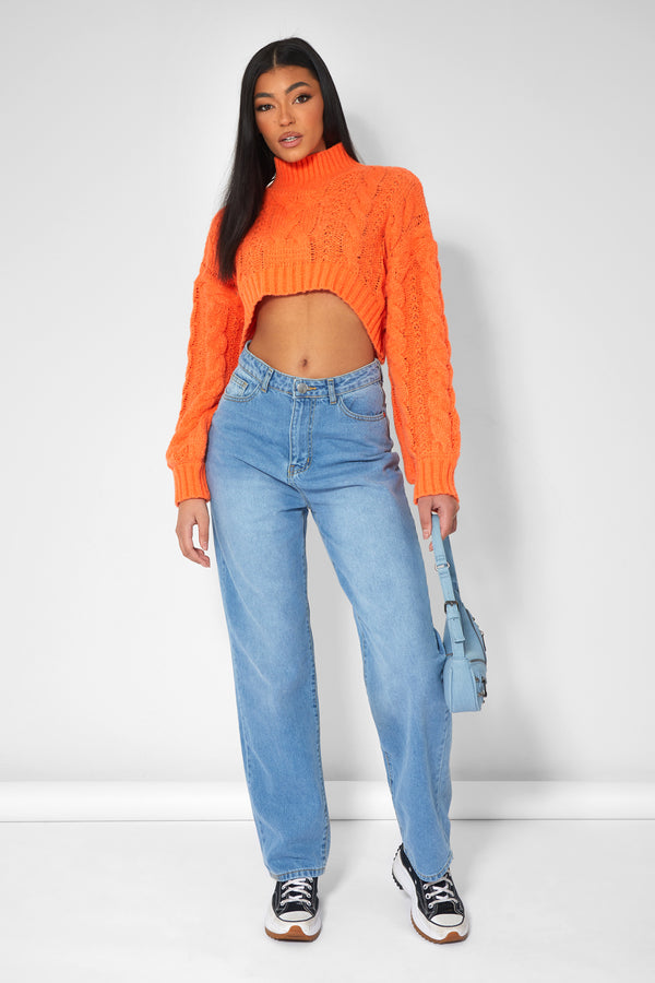 ROLL NECK CROPPED CABLE KNITTED JUMPER ORANGE