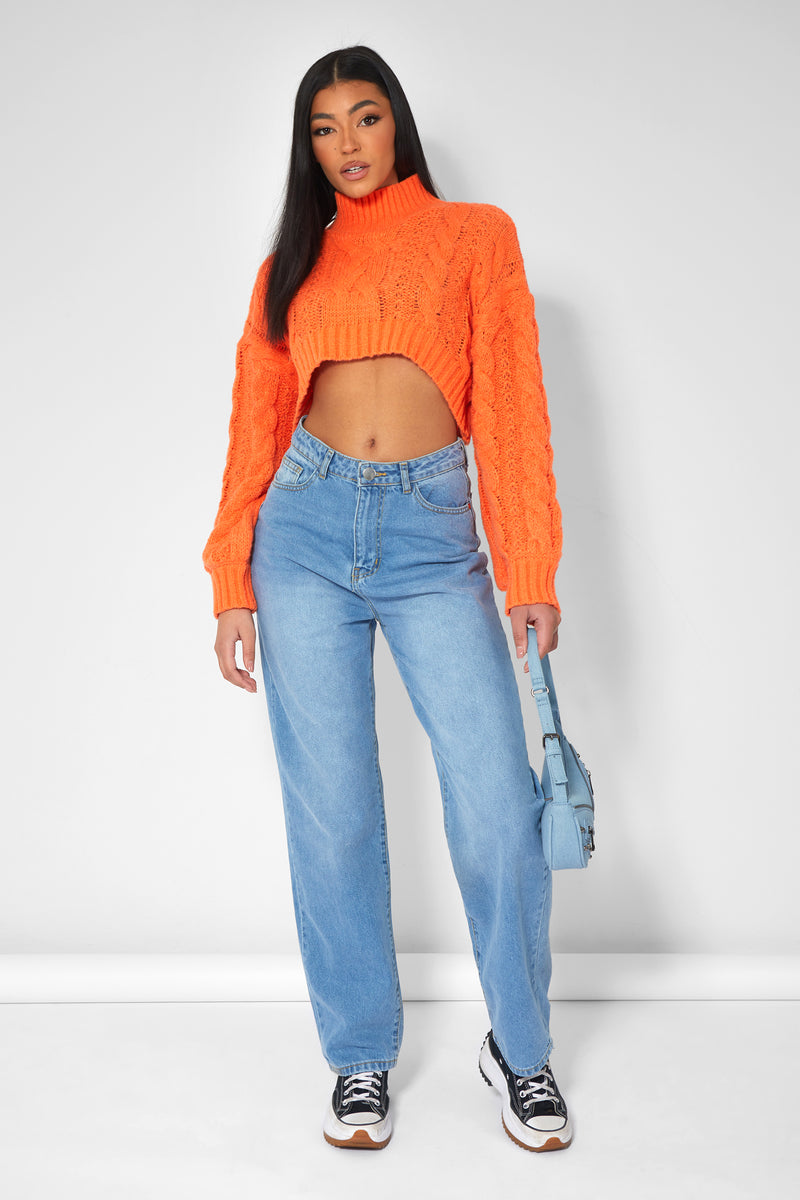 ROLL NECK CROPPED CABLE KNITTED JUMPER ORANGE KAIIA Kaiia