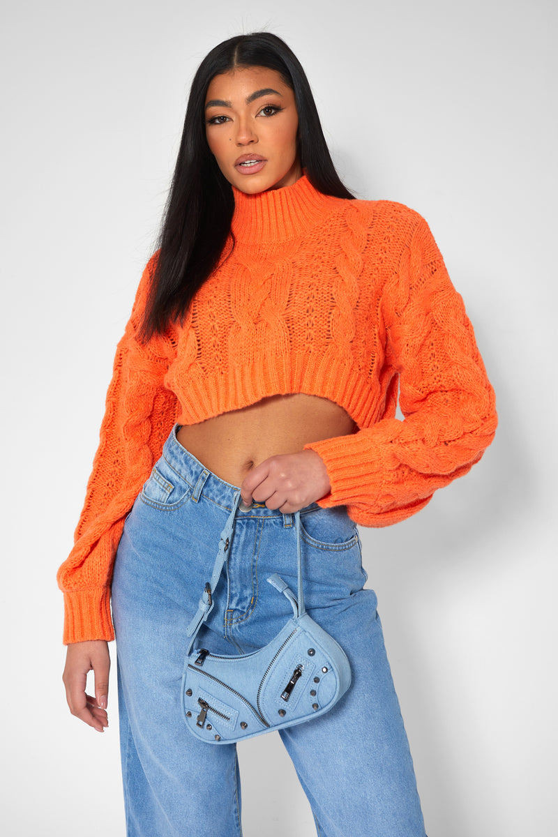 ROLL NECK CROPPED CABLE KNITTED JUMPER ORANGE