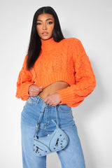 ROLL NECK CROPPED CABLE KNITTED JUMPER ORANGE
