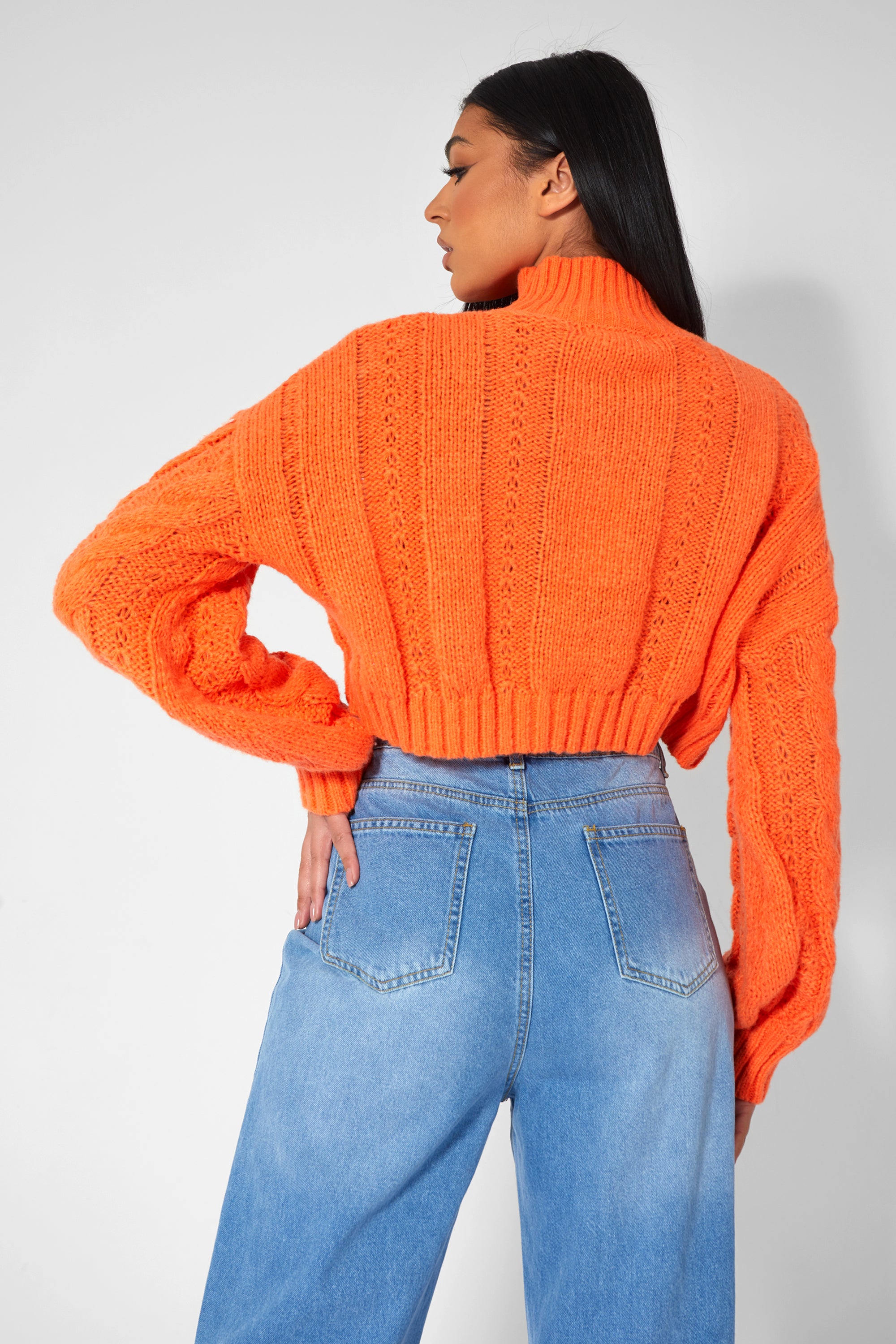 ROLL NECK CROPPED CABLE KNITTED JUMPER ORANGE