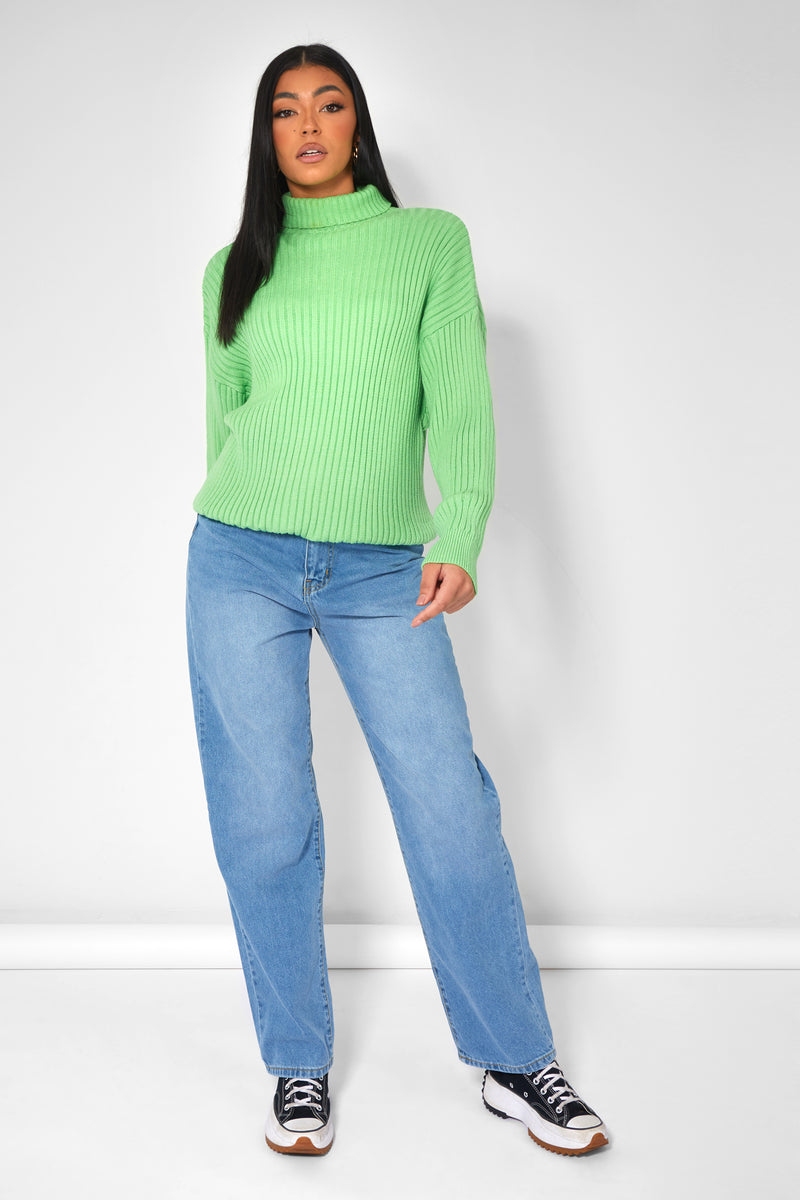 HIGH NECK CONSTRAST STITCH RIBBED KNITTED OVERSIZED JUMPER GREEN